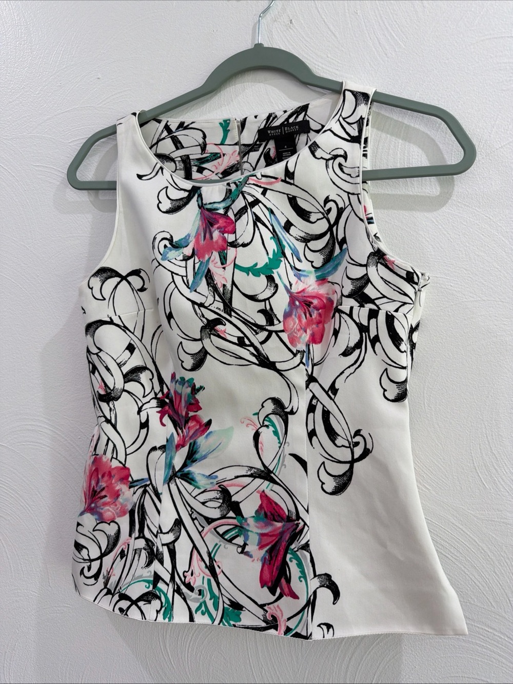 White House Black Market White Floral Scroll Tank with Pink & Teal Accents